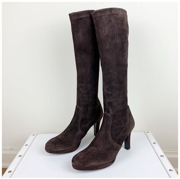 Graffiti Brown Suede Platform Heel Pull-On Boots Sz 7.5 - Picture 10 of 10